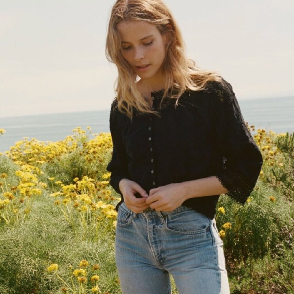 Doen Black Embroidered Lace Antibes Blouse Top